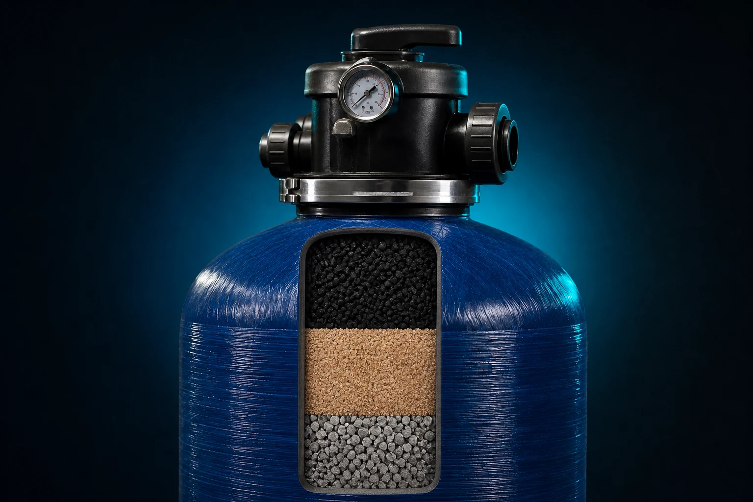 Filtro multimedia Koriva Water Tech, corte mostrando antracita, arena sílica y grava